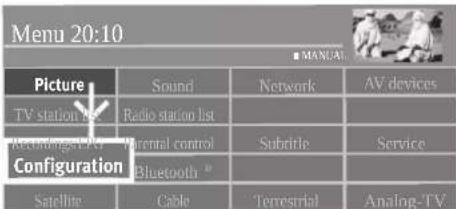 Menu 20:10 ■ MANUAL Picture Sound Network AV devices TV station list Radio station list Rechangers/PLC Normal control Subtitle Service Configuration Bluetooth Satellite Cable Terrestrial Analog-TV