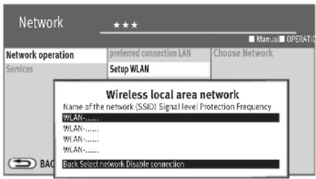 Network Network operation Preferred connection LAN Choose Network Services Setup WLAN Wireless local area network Name of the network (SSID) Signal level Protection Frequency WLAN-...... WLAN-...... WLAN-...... WLAN-...... Back Select network Dissolve connection