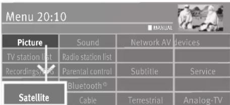 Menu 20:10 ■ MANUAL Picture Sound Network AV devices TV station list Radio station list Recordings/shots Parental control Subtitle Service Satellite Bluetooth® Cable Terrestrial Analog-TV