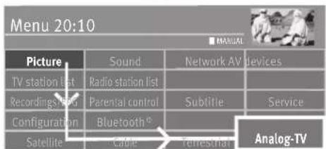 Menu 20:10 ■ MANUAL Picture Sound Network AV devices TV station list Radio station list Recordings/AGP Parental control Subtitle Service Configuration Bluetooth® Satellite Cable Terrestrial Analog-TV