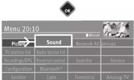 Menu 20:10 Picture Sound MANUAL TV station list Radio station list Recordings/EPG Parental control Subtitle Service Configuration Bluetooth Satellite Cable Terrestrial Analog-TV
