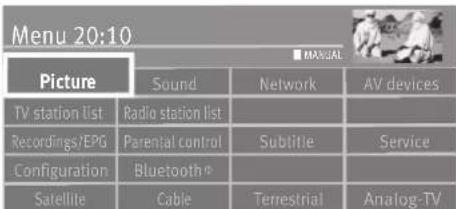 Menu 20:10 Picture Sound Network AV devices TV station list Radio station list Recordings/EPG Parental control Sublitie Service Configuration Bluetooth® Satellite Cable Terrestrial Analog-TV