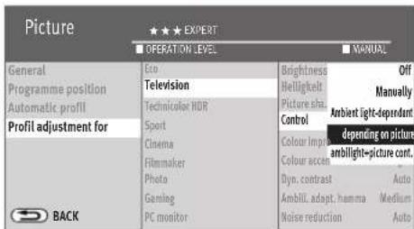 Picture ★★★ EXPERT ■ OPERATION LEVEL ■ MANUAL General Programme position Automatic profil Profil adjustment for Eco Television Technicolor HDR Sport Cinema Filmmaker Photo Gaming PC monitor Brightness Helligkeit Picture share. Control Colour image Colour accen Dyn. contrast Ambill. adapt. hamma Noise reduction Off Manually Ambient light-dependent depending on picture ambillight=picture cont. Auto Medium Auto BACK