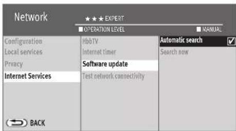 Network ★★★ EXPERT ■ OPERATION LEVEL ■ MANUAL Configuration Local services Privacy Internet Services HbGTV Internet timer Software update Test network connectivity Automatic search Search now BACK