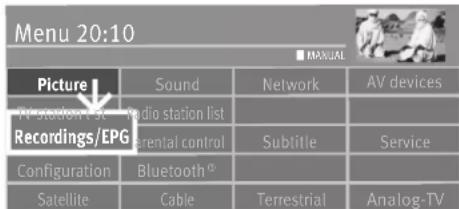 Menu 20:10 ■ MANUAL Picture Sound Network AV devices TV Station list Recordings/EPG Radio station list sidential control Subtitle Service Configuration Bluetooth Satellite Cable Terrestrial Analog-TV