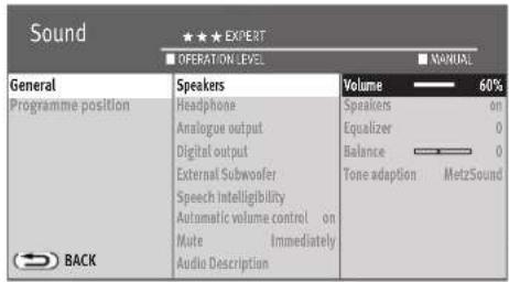 Sound ★★★ EXPERT ■ OPERATION LEVEL ■ MANUAL General Programme position Speakers Headphone Analogue output Digital output External Subwoofer Speech Intelligibility Automatic volume control on Mute Immediately Audio Description Volume 60% Speakers on Equalizer 0 Balance 0 Tone adaption MetzSound BACK