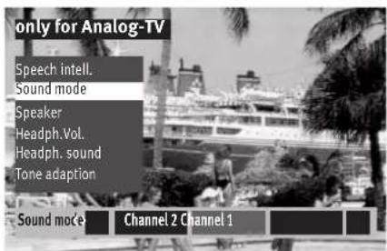 Only for Analog-TV Speech intell. Sound mode Speaker Headph.Vol. Headph. sound Tone adaption Sound mode Channel 2 Channel 1