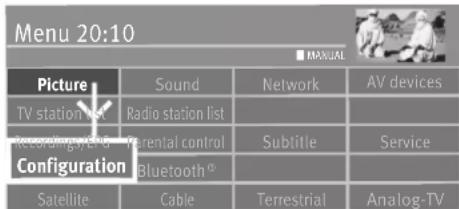 Menu 20:10 ■ MANUAL Picture Sound Network AV devices TV station list Radio station list Recording system Parental control Subtitle Service Configuration Bluetooth® Satellite Cable Terrestrial Analog-TV