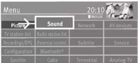 Menu 20:10 ■ MANUAL Picture Sound Network AV devices TV station list Radio station list Recordings/EPG Parental control Subtitle Service Configuration Bluetooth® Satellite Cable Terrestrial Analog-TV
