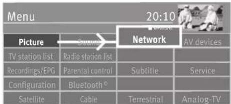 Menu 20:10 Picture TV station list Recordings/EPG Configuration Satellite Radio station list Parental control Bluetooth® Cable Network Subtitle Service Terrestrial Analog-TV AV devices