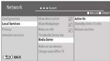 Network ★★★ Expert ■ MANUAL OPERATI Configuration Local Services Privacy Internet services BACK Allow MetzControl ✓ Allow Mediaplayer ✓ Wake-on-LAN ✓ Thumbnails Server low Media Server Wake on Lan devices Change name Office TV Active On Standby time 15 min Reload archive