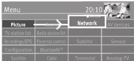 Menu 20:10 Picture Radio station list Recordings/EPG Parential control Configuration Bluetooth® Satellite Cable Network Subtitle Service Terrestrial Analog-TV