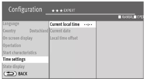 Configuration ★★★ EXPERT ■ MANUAL ■ OPER Language Country Deutschland On screen display Operation Start characteristics Time settings State display BACK Current local time ···· Current date Local time offset