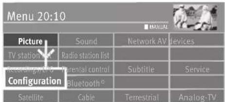 Menu 20:10 ■ MANUAL Picture Sound Network AV devices TV station list Radio station list Recording/VI-0 Parental control Subtitle Service Configuration Bluetooth Satellite Cable Terrestrial Analog-TV