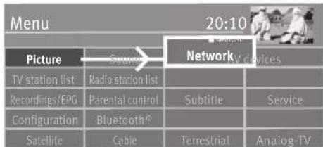 Menu 20:10 Picture TV station list Recordings/EPG Configuration Satellite Radio station list Parental control Bluetooth® Cable NetworkV devices Sublitie Service Terrestrial Analog-TV
