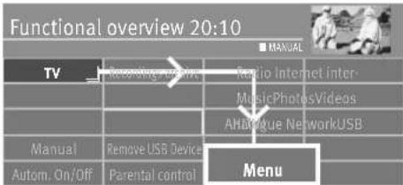 Functional overview 20:10 TV Recording video Radio Internet Inter- MusicPhotosVideos AHangue NetworkUSB Manual Remove USB Device Menu Autom. On/Off Parental control