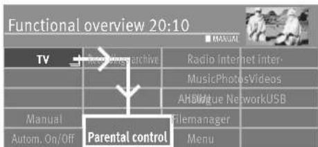 Functional overview 20:10 TV New/Photographic Radio Internet Inter- Music/Photos/videos AHidigue NetworkUSB Manual Filemanager Autom. On/Off Menu Parental control