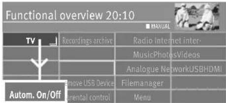 Functional overview 20:10 TV Recordings archive Radio Internet Inter- MusicPhotosVideos Analogue NetworkUSBHDMI Remove USB Device Filemanager Autom. On/Off Parental control Menu