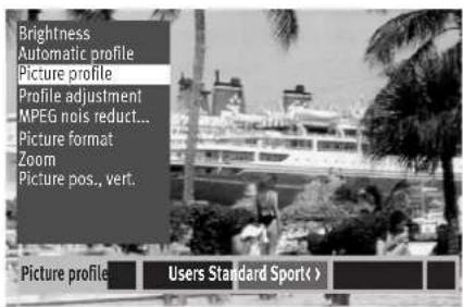 Brightness Automatic profile Picture profile Profile adjustment MPEG nois reduct... Picture format Zoom Picture pos., vert. Picture profile Users Standard Sport
