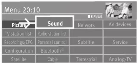 Menu 20:10 Picture→ Sound TV station list Recordings/EPG Configuration Satellite Sound Network Subtile Terrestrial ANALOG-TV AV devices Service