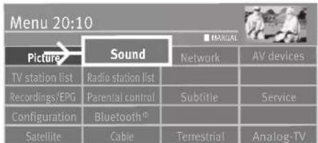 Menu 20:10 Picture Sound Network AV devices TV station list Radio station list Recordings/EPG Parental control Subtitle Service Configuration Bluetooth Satellite Cable Terrestrial Analog-TV