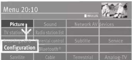 Menu 20:10 ■ MANUAL Picture Sound Network AV devices TV station list Radio station list Recording/VI/O Parental control Subtitle Service Configuration Bluetooth Satellite Cable Terrestrial Analog-TV