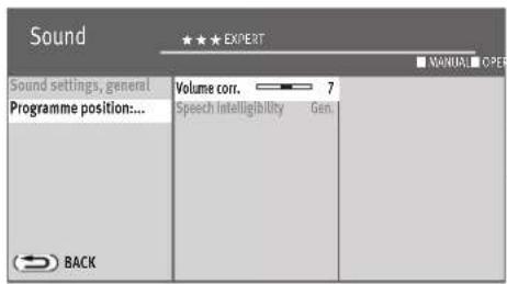 Sound ★★★ EXPERT MANTAL OPER Sound settings, general Programme position... Volume corr. 7 Speech intelligibility Gen. BACK