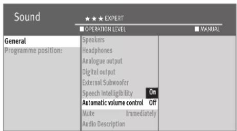 Sound ★★★ EXPERT ■ OPERATION LEVEL ■ MANUAL General Programme position: Speakers Headphones Analogue output Digital output External Subwoofer Speech Intelligibility On Automatic volume control Off Mute Immediately Audio Description