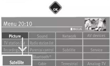 OK Menu 20:10 ■ MANUAL Picture Sound Network AV devices TV station list Radio station list Recordings list Parental control Subtitle Service Satellite Bluetooth® Cable Terrestrial Analog-TV