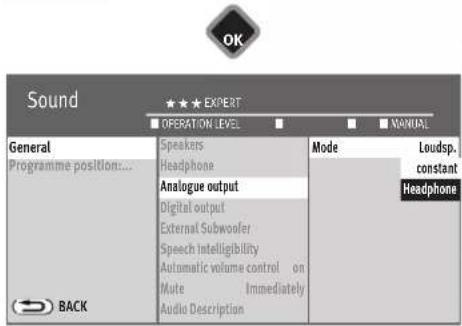 OK Sound ★★★ EXPERT ■ OPERATION LEVEL ■ ■ MANUAL General Programme position:... Back Speakers Headphone Analogue output Digital output External Subwoofer Speech Intelligibility Automatic volume control on Mute Immediately Audio Description Mode Loudsp. constant Headphone