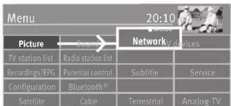 Menu 20:10 Picture TV station list Recordings/EPG Configuration Satellite Supplin Radio station list Parental control Bluetooth® Cable NetworkV devices Subtitle Service Terrestrial Analog-TV