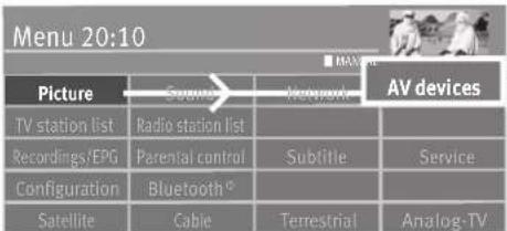Menu 20:10 Picture Cable Neptech AV devices TV station list Radio station list Recordings/EPG Parental control Subtitle Service Configuration Bluetooth° Satellite Cable Terrestrial Analog-TV