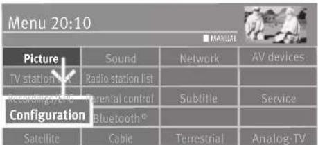 Menu 20:10 ■ MANUAL Picture Sound Network AV devices TV station list Radio station list Recording VAG Potential control Subtitle Service Configuration Bluetooth Satellite Cable Terrestrial Analog-TV