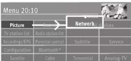 Menu 20:10 Picture TV station list Recordings/EPG Configuration Satellite Radio station list Parental control Bluetooth® Cable Network/V devices Subtitle Service Terrestrial Analog-TV