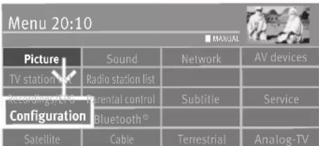 Menu 20:10 ■ MANUAL Picture Sound Network AV devices TV station list Radio station list Recording/AGS Parential control Subtitle Service Configuration Bluetooth Satellite Cable Terrestrial Analog-TV