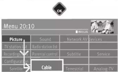 Menu 20:10 PICTURE TV station list Recordings list Configuration Satellite Sound Radio station list Parental control Cable Network AV devices Subtitle Terrestrial Analog-TV MANUAL