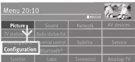 Menu 20:10 ■ MANUAL Picture Sound Network AV devices TV station list Radio station list Configuration Parental control Subtitle Service Bluetooth® Satellite Cable Terrestrial Analog-TV
