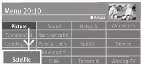 Menu 20:10 ■ MANUAL Picture Sound Network AV devices TV station list Radio station list Recordings list Parental control Subtitle Service Satellite Bluetooth® Cable Terrestrial Analog-TV