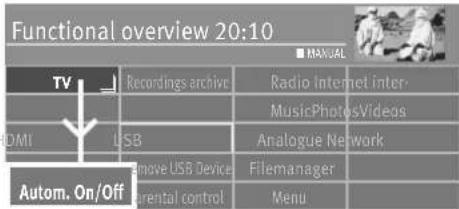 Functional overview 20:10 TV Recordings archive Radio Internet Inter- Music/Photos/Videos DMI USB Analogue Network Autom. On/Off Remove USB Device Filemanager Parental control Menu