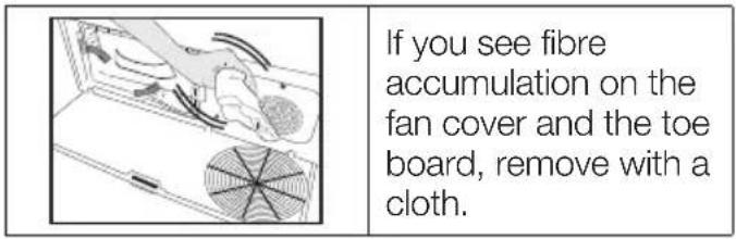 If you see fibre accumulation on the fan cover and the toe board, remove with a cloth.