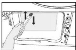 Diagram of a hand holding a tool inside a vehicle's door panel, with arrows indicating direction (no text or symbols)