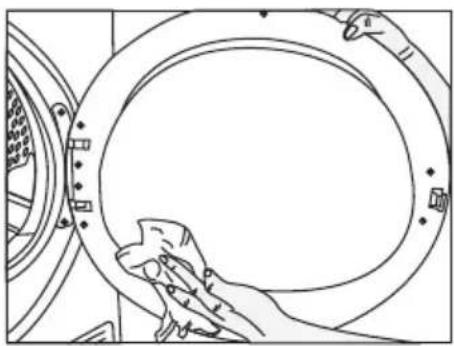 Line drawing of hands cleaning a circular mechanical component (no text or symbols)