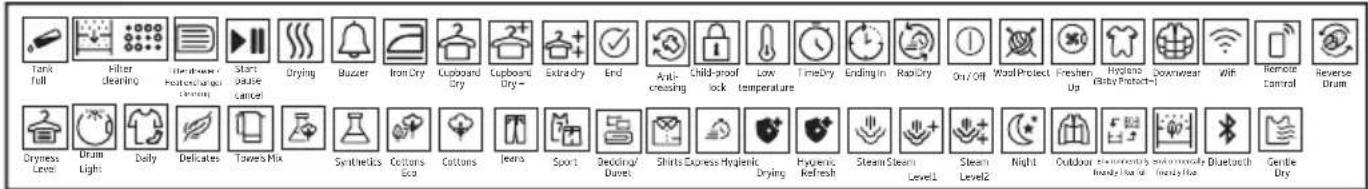 Tank Full Filter Clearing Orderback Heating Dyeing Start Boutle Cancel Drying Buzzer Iron Dry Cupboard Dry Extra dry End Anti- creasing Child-proof lock Low temperature TimeDry Ending in RapidDry On/Off WoolProtect Freshen Up Hygiene (Baby Protect) Downwear With Remote Control Reverse Drum Dryness L…