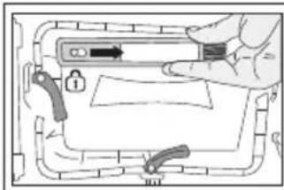 Diagram showing a hand holding a device with a lock and two tools, labeled with symbols and numbers.