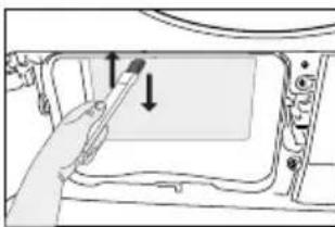 Hand holding a pen inserted into a device casing, with arrows indicating direction of movement (no text or symbols visible)