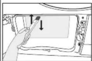 Diagram of a vehicle interior showing a hand holding a tool, with arrows indicating direction (no text or symbols present)