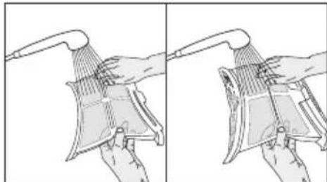Illustration of two hands using a showerhead to lift a showerhead, showing the process (no text or symbols present)