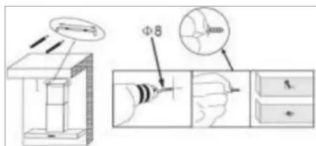 Technical diagram illustrating a mechanical assembly with labeled components and magnified views of a tool or component.