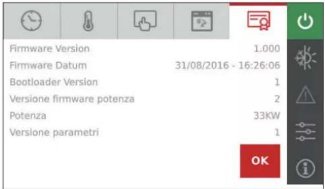 Firmware Version 1.000 Firmware Datum 31/08/2016 - 16:26:06 Bootloader Version 1 Versione firmware potenza 2 Potenza 33KW Versione parametri 1 OK