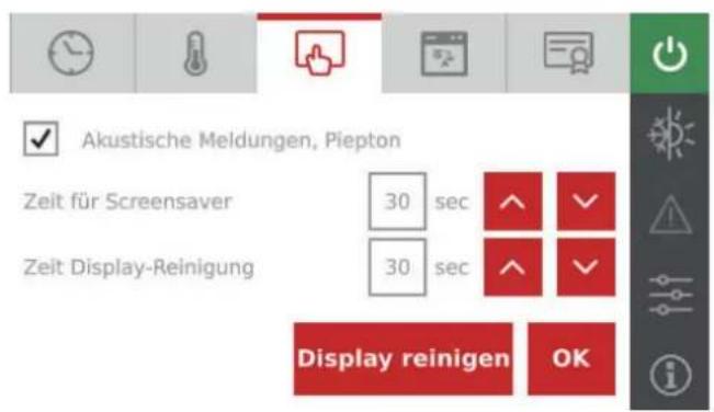Akustische Meldungen, Piepton Zeit für Screensaver 30 sec ^ ✓ Zeit Display-Reinigung 30 sec ^ ✓ Display reinigen OK